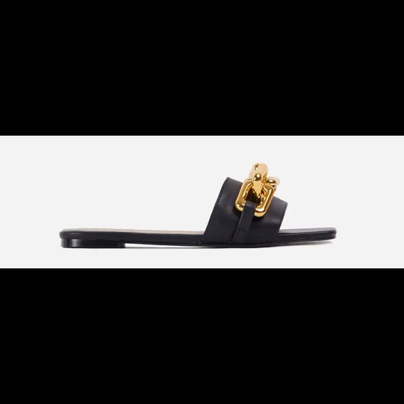 NWT CHAINY CHAIN DETAIL SQUARE TOE FLAT SLIDER SANDAL IN BLACK FAUX LEATHER - Picture 2 of 4